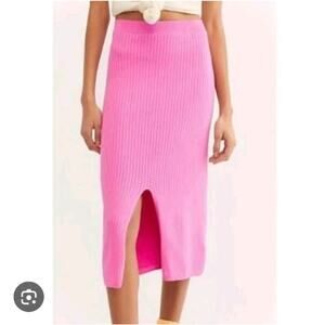 Free People Pink Ribbed Fitted Knit Sweater Front Slit Skyline‎ Midi Skirt Sz S